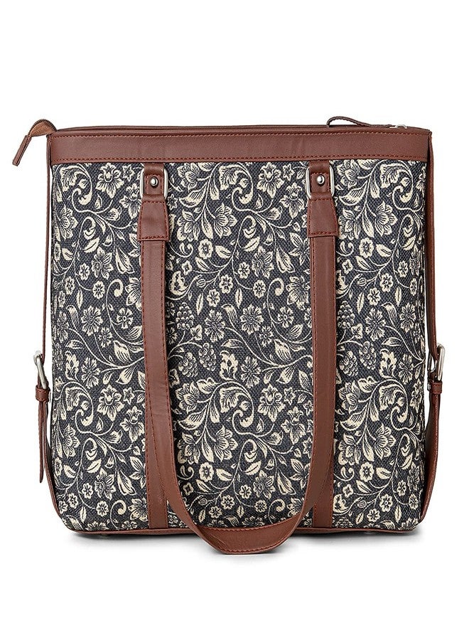 ZOUK طقم حقيبة مكتب وحقيبة كتف نسائية من زوك، مصنوعة يدوياً، باللون الأسود ومزينة بنقوش زهور | حقيبة مكتب | حقيبة جامعية - Image 3